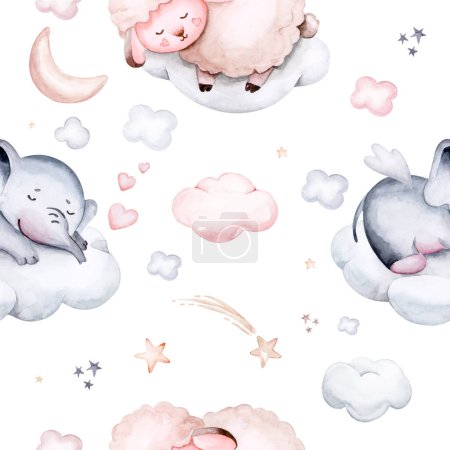 Foto de Watercolor pattern for children with sheep. print for baby fabric, poster pink with beige and blue clouds, moon, sun. Nursery print illustration textile. - Imagen libre de derechos