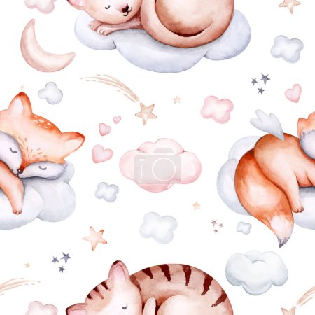 Watercolor pattern for children with sheep. print for baby fabric, poster pink with beige and blue clouds, moon, sun. Nursery print illustration textile.