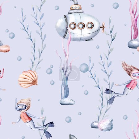 Photo for Watercolor seamless pattern with cute cartoon snorkeling, scuba diver kids boy girl submarine, mermaid, corals, seahorse fish and dolphin. nursery design fabric. - Royalty Free Image