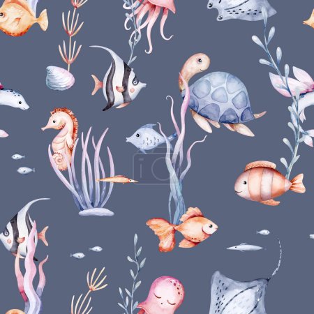 Téléchargez les photos : Ensemble d'animaux marins. Aquarelle bleue poisson d'océan, tortue, baleine et corail. Fond de l'aquarium Shell. Dauphin marin illustration marine, méduses, étoiles de mer - en image libre de droit