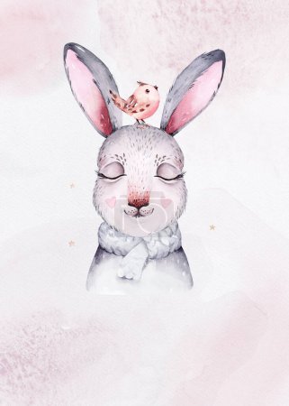 Photo for Watercolor new year baby bunny portrait illlustration oster. Merry Christmas postcard cute cartoon rabbit in floral wreath. symbol of the year 2023. - Royalty Free Image