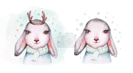 Foto de Watercolor new year baby bunny portrait illlustration oster. Merry Christmas postcard cute cartoon rabbit in floral wreath. symbol of the year 2023. - Imagen libre de derechos