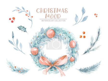 Photo for Watercolor Merry Christmas illustration with snowman, christmas tree, santa holiday invitation. Christmas gift celebration cards. Winter new year design - Royalty Free Image