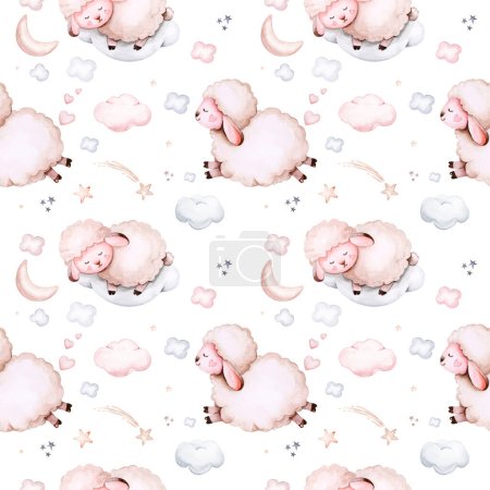 Watercolor pattern for children with sheep. print for baby fabric, poster pink with beige and blue clouds, moon, sun. Nursery print illustration textile.