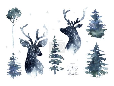 Téléchargez les photos : Forêt hivernale aquarelle avec tête de cerf. Paysage d'arbres de Noël avec sapin de pins dans les montagnes. Peint à la main Isolé sur fond blanc. Vacances de neige - en image libre de droit