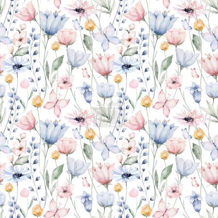 Photo for Seamless floral pattern with abstract blue pink flowers and leaves. Watercolor colorful print in rustic vintage style, textile or wallpapers background. - Royalty Free Image