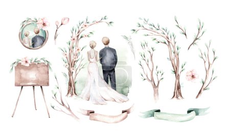 Aquarell Braut und Bräutigam in Boho-Stil Hochzeit. Digitale Heiratsillustration. Liebe Hochzeitseinladung. Speichern Sie das Datum.
