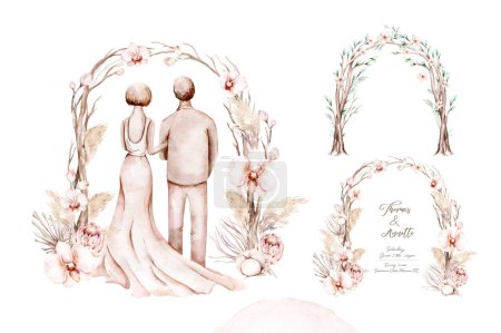 Aquarell Braut und Bräutigam in Boho-Stil Hochzeit. Digitale Heiratsillustration. Liebe Hochzeitseinladung. Speichern Sie das Datum.