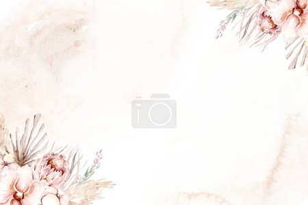Foto de Corona de marco floral de acuarela con orquídea dorada, flor de cerezo, cabeza de algodón, hojas de palma, color beige y rosa, flores blancas, rosadas, vívidas, hojas verdes, para tarjeta de felicitación de boda. fondo de moda. - Imagen libre de derechos