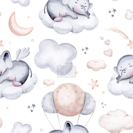 Watercolor pattern for children with elephant. print for baby fabric, poster pink with beige and blue clouds, moon, sun. Nursery print illustration textile.