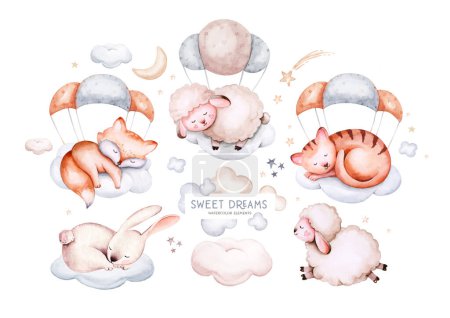 Foto de Watercolor elephant animal illustration of a cute baby sheep, lamb, sleeping rabbit and bunny, koala and deer fawn on the moon and the cloud. Baby Shower fox nursery Theme Invitation. - Imagen libre de derechos