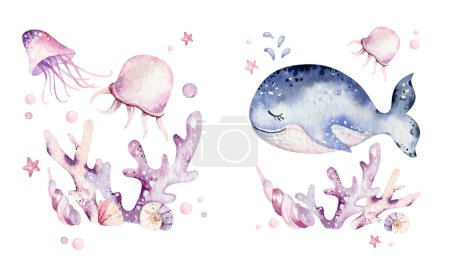 Foto de Conjunto de animales marinos. Acuarela azul peces del océano, tortuga, ballena y coral. Fondo de acuario de concha. Ilustración marina náutica - Imagen libre de derechos