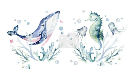 Téléchargez les photos : Ensemble d'animaux marins. Aquarelle bleue poisson d'océan, tortue, baleine et corail. Fond de l'aquarium Shell. Illustration marine nautique - en image libre de droit