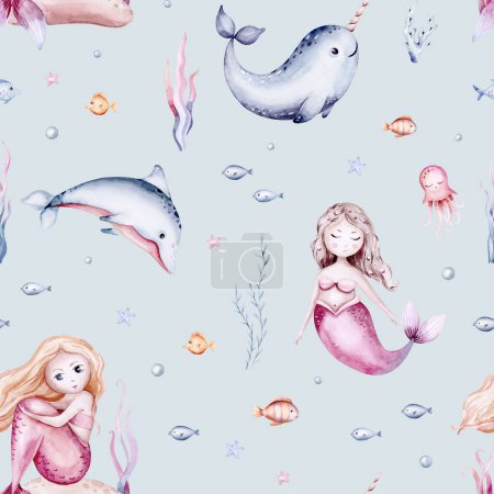 Téléchargez les photos : Watercolor sea pattern with mermaids, corals, seahorse. backgroud for children's room design and textiles with submarine seaweed, unicorn-fish, fish and jellyfish - en image libre de droit
