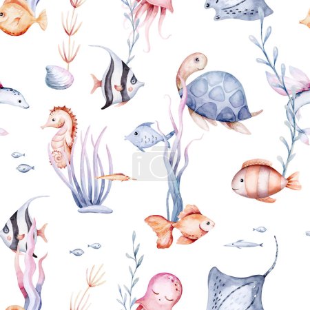 Conjunto de animales marinos. Acuarela azul peces del océano, tortuga, ballena y coral. Fondo de acuario de concha. Ilustración marina de delfines náuticos, medusas, estrellas de mar
