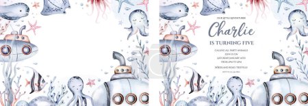 Photo pour Modèles de douche bébé sous-marin avec créatures océaniques, tortue de mer, poissons, poulpe sirène et sous-marin Aquarelle fond d'aquarium de corail. - image libre de droit