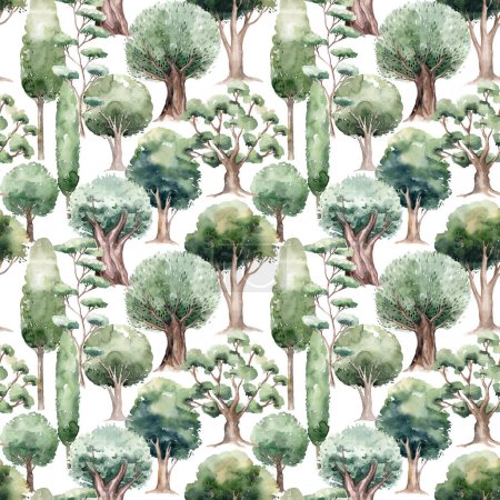 Photo for Watercolored green oak tree seamless pattern. Landscape background. - Royalty Free Image