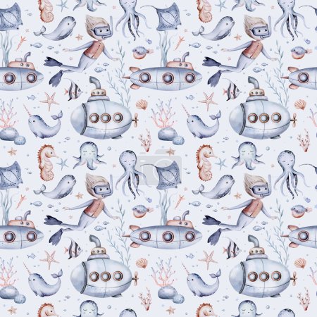 Watercolor seamless pattern with cute cartoon snorkeling, scuba diver kids boy girl submarine, mermaid, corals, seahorse fish and dolphin. nursery design fabric.