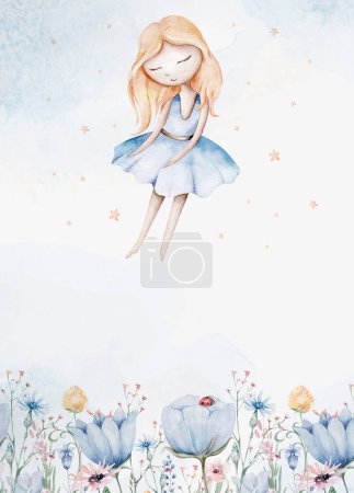 Photo for Fairy and Flowers watercolor isolated kids illustration for girls. Cartoon pink magic girl baby shower poster. Happy Birthday kid card. - Royalty Free Image