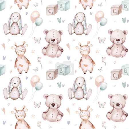Photo for Seamlesss pattern with cartoon clouds, magic baby bear bunny toys and rainbow. Watercolor hand drawn illustration with white background. - Royalty Free Image