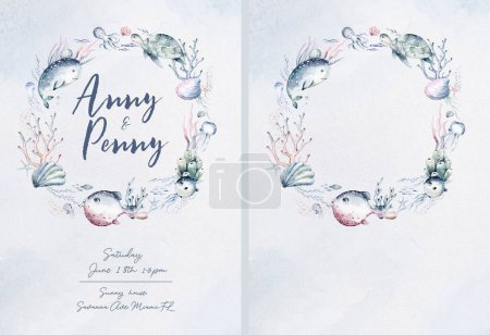 Photo for Birthday card and baby shower invitation under the sea theme background template Blue watercolor ocean fish, turtle, whale and coral. Shell aquarium background. Nautical dolphin marine illustration, jellyfish - Royalty Free Image