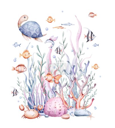 Conjunto de animales marinos. Acuarela azul peces del océano, tortuga, ballena y coral. Fondo de acuario de concha. Ilustración marina de delfines náuticos, medusas, estrellas de mar
