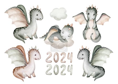 Cartoon 2024 New Year's card Dragon illustration set, happy new year and Christmas childish invitation
