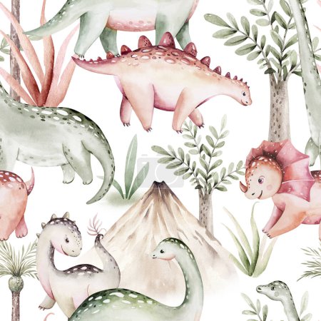 Foto de Acuarela vivero patrón sin costura. Dinosaurios lindos pintados a mano, palmera tropical, hojas de la selva, montañas. Ilustración de Dino para diseño, papel pintado, scrapbooking - Imagen libre de derechos