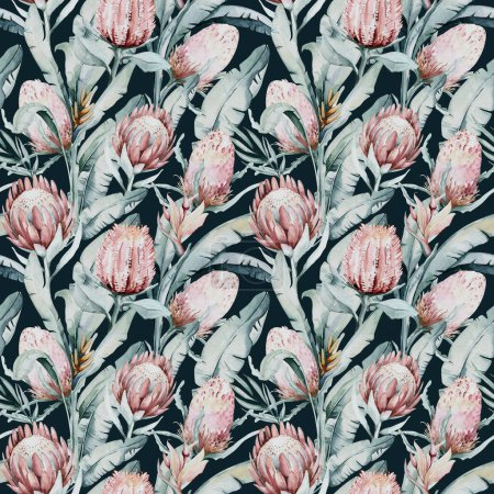 Protea nahtlose Musterblume. Aquarell tropische Blätter, handgemalte Illustration exotischer floraler Elemente Hintergrund, kann für Grußkarten und Einladungen verwendet werden.