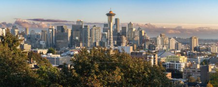 Photo for Seattle skyline with Space Needle downtown skyscrapers before sunset - Royalty Free Image