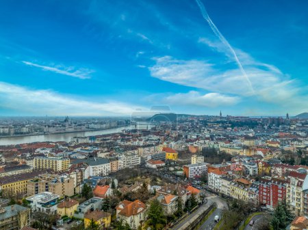 Aerial view of Budapest from the Rose Hill Rozsadomb with view of Gellert hill, Buda castle, Parliament the bridges over the danube