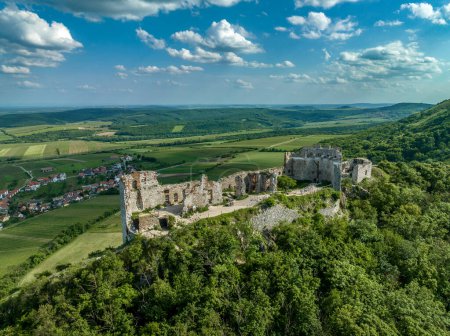 Vista aérea del castillo Devicky Dv Hrady en el sur de Bohemia por encima de los viñedos de Pavlov con paredes perimetrales bien conservadas