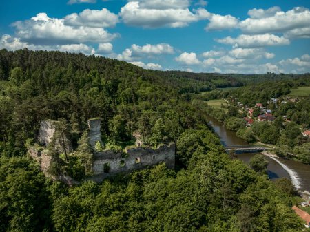 Photo for Aerial view of Frejstejn castle, medieval gothic concentric castle ruin above the Dyji or Thaya river in Czechia - Royalty Free Image