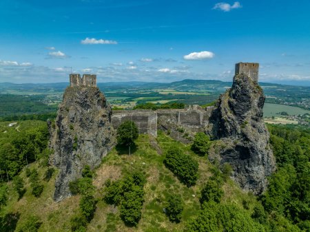 Photo for Aerial view of two tower medieval stronghold Trosky state castle in the Czech paradise - Royalty Free Image
