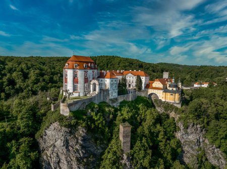 Photo for Aerial panorama view of the Thaya river curving at Vranov nad Dyji with old Gothic castle structure turned into a representative Baroque residence with  the extensive landscape park - Royalty Free Image