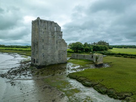 Téléchargez les photos : Vue aérienne du château de Carrigafoyle, maison tour irlandaise en ruine à Munster, au large de l'estuaire du Shannon avec des murs défensifs - en image libre de droit