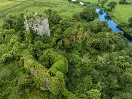 Foto de Vista aérea del castillo de Lea arruinado castillo medieval de la familia FitzGerald con donjon de 4 pisos y casa de la puerta cerca de Portarlington, Condado de Laois - Imagen libre de derechos