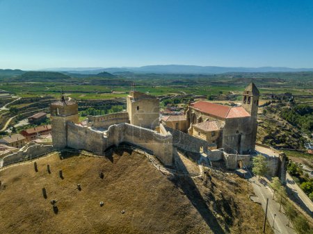 Photo for Aerial view of San Vicente de la Sonsierra in Rioja, San Vicente de la Sonsierra, Homage tower, castle, basilica de Nuestra senora de los remedios - Royalty Free Image