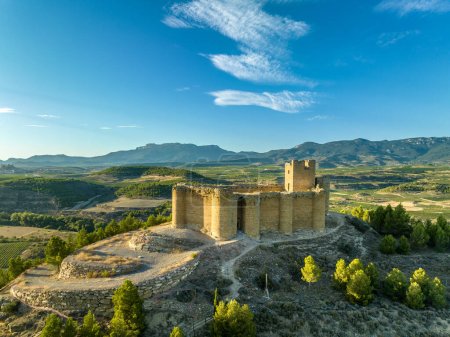 Téléchargez les photos : Vue aérienne du château de Davalillo au-dessus de l'Èbre en Rioja Espagne, avec des tours semi-circulaires et une tour d'hommage bâtiment résidentiel médiéval défensif, fond bleu ciel nuageux - en image libre de droit
