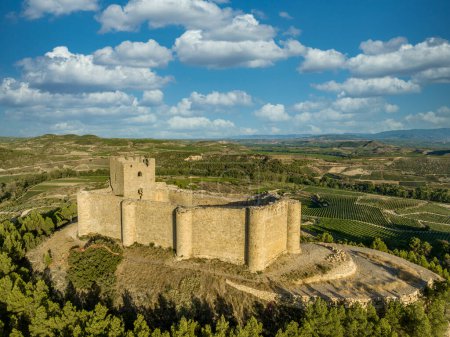 Téléchargez les photos : Vue aérienne du château de Davalillo au-dessus de l'Èbre en Rioja Espagne, avec des tours semi-circulaires et une tour d'hommage bâtiment résidentiel médiéval défensif, fond bleu ciel nuageux - en image libre de droit