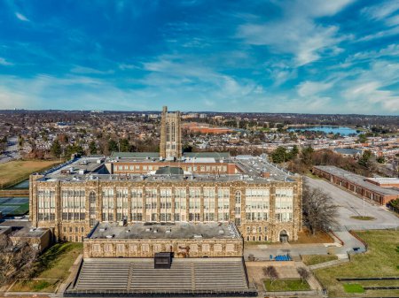 Photo for Aerial view of Baltimore City College, liberal arts college preparatory school in Baltimore Homestead Montebello neighborhood built of granite and limestone in a Collegiate Gothic architectural style - Royalty Free Image