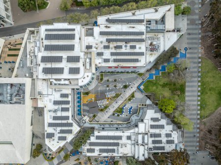 Aerial view of the UCSD student center with solar panels on the roof top