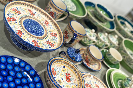 Photo for Traditional porcelain from Boleslawiec in the shop. Handmade pottery - Royalty Free Image