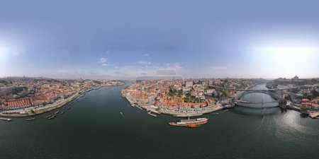 Photo for Beautiful 360-degree panoramic landscape panorama of the Porto Ribeira, river Douro, Dom Luis I Bridge, Old Town, Portugal. - Royalty Free Image