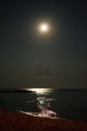 Lunar path on black night on calm water among the rocks. Vertical photo of nature
