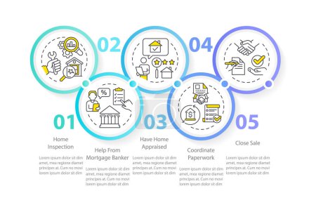 Illustration for Buy new property circle infographic template. Real estate purchase. Data visualization with 5 steps. Editable timeline info chart. Workflow layout with line icons. Myriad Pro-Regular font used - Royalty Free Image
