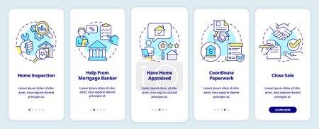 Illustration for First time homebuyer onboarding mobile app screen. New property walkthrough 5 steps editable graphic instructions with linear concepts. UI, UX, GUI template. Myriad Pro-Bold, Regular fonts used - Royalty Free Image