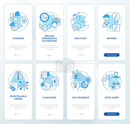 Illustration for Verbal memorizing strategies blue onboarding mobile app screen set. Walkthrough 4 steps editable graphic instructions with linear concepts. UI, UX, GUI template. Myriad Pro-Bold, Regular fonts used - Royalty Free Image