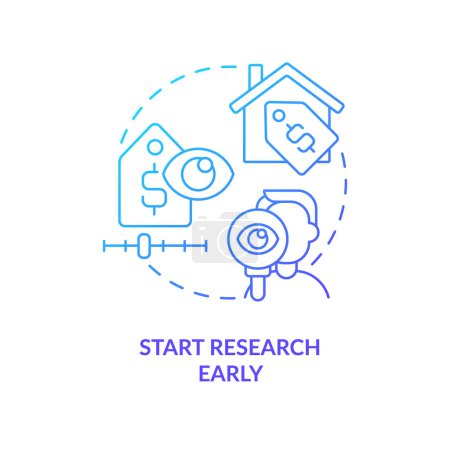 Illustration for Start research in advance blue gradient concept icon. Real estate listing. First property purchase abstract idea thin line illustration. Isolated outline drawing. Myriad Pro-Bold font used - Royalty Free Image