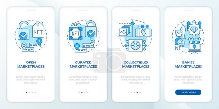 NFT marketplace categories blue onboarding mobile app screen. Business walkthrough 4 steps editable graphic instructions with linear concepts. UI, UX, GUI template. Myriad Pro-Bold, Regular fonts used
